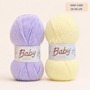 May include: Two skeins of yarn, one light purple and one pale yellow, each wrapped with a white paper label featuring the text Baby CARE and a small blue stork graphic. The yarn has a soft, textured appearance suitable for knitting or crochet.