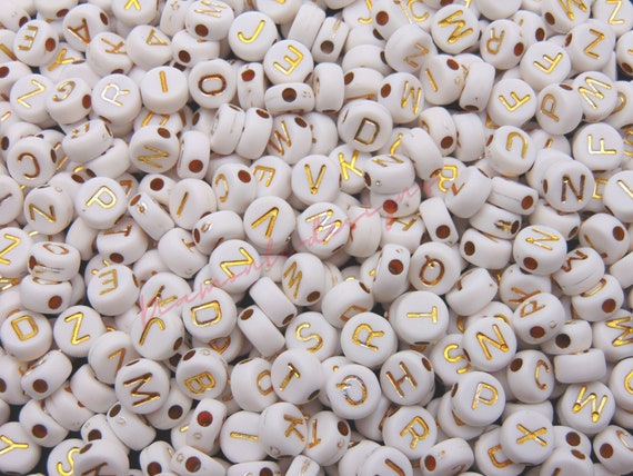 100 Pcs 7mm White & Gold Round Letter Coin Beads Jewellery Kids Craft  Beading B187 