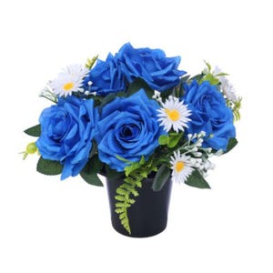 Blue Rose and White Memorial Grave Cemetery Pots Artificial Pot with Roses & Daisy's