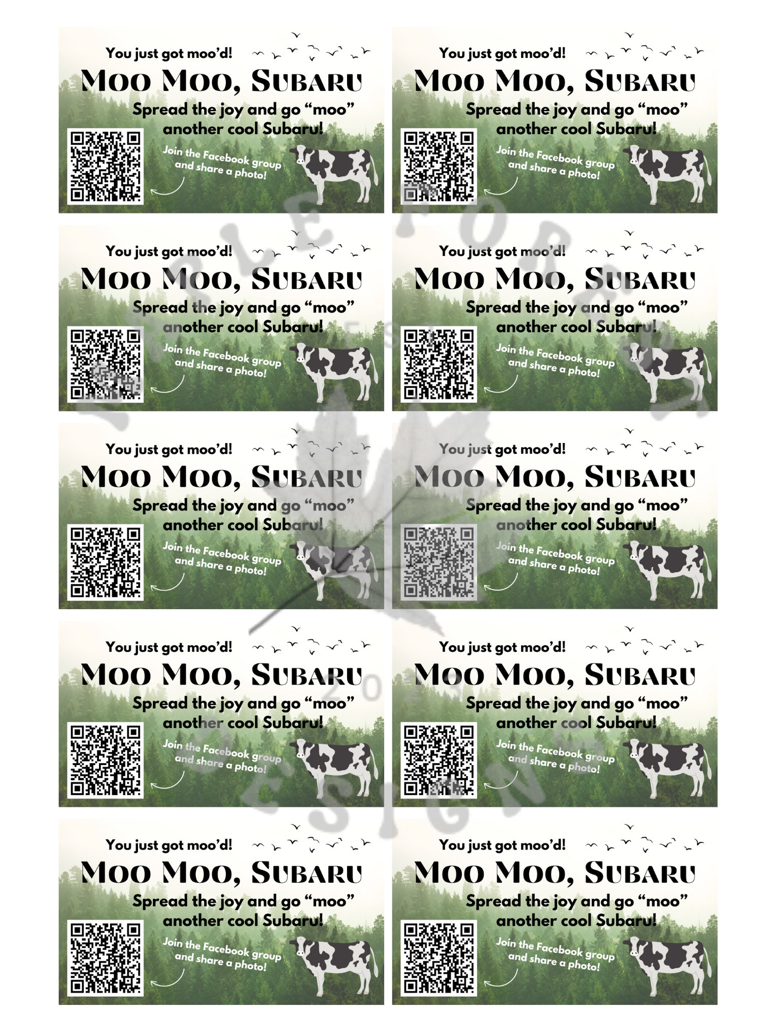 10 Outdoorsy Moo Moo Subaru Cards onesided DIGITAL DOWNLOAD Etsy