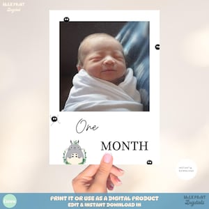 Totoro, bannière pour les jalons du mois du mois de bébé, modèle Canva pour le 1er anniversaire de bébé, imprimable pour les jalons neutres, première carte photos avec sprites de suie