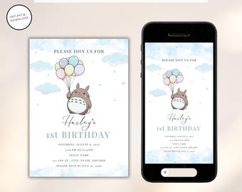 May include: A digital invitation for a 1st birthday party featuring a cartoon Totoro holding balloons. The invitation is in blue and white with a watercolor background. The text on the invitation reads "Harley's 1st Birthday".