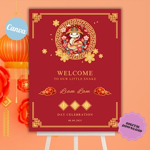 Year of the Snake 100-Day Celebration Welcome Sign, Editable Red Chinese Baby Milestone Party Sign Template Red Egg, Ginger Party, Full Moon