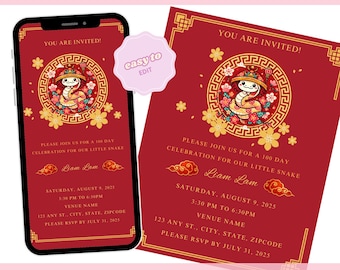 Year of the Snake 100-Day Celebration Invitation, Editable Red Chinese Baby Milestone Party Invite Template Red Egg, Ginger Party, Full Moon