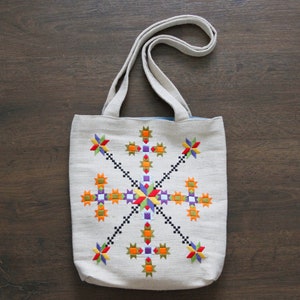 Fashion Shopping Bag Handmade Embroidery Octagonal Star Symbol of Universe Handcraft Shoulder Bag Natural Eco Bag Traditional Ornament