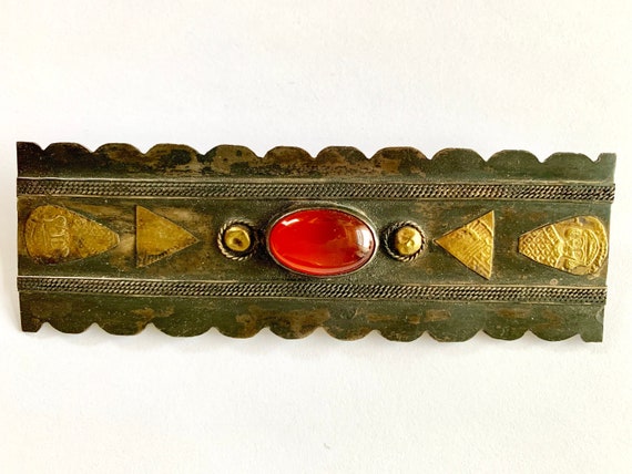 Rectangular brass Middle Eastern pin with scarab-… - image 1