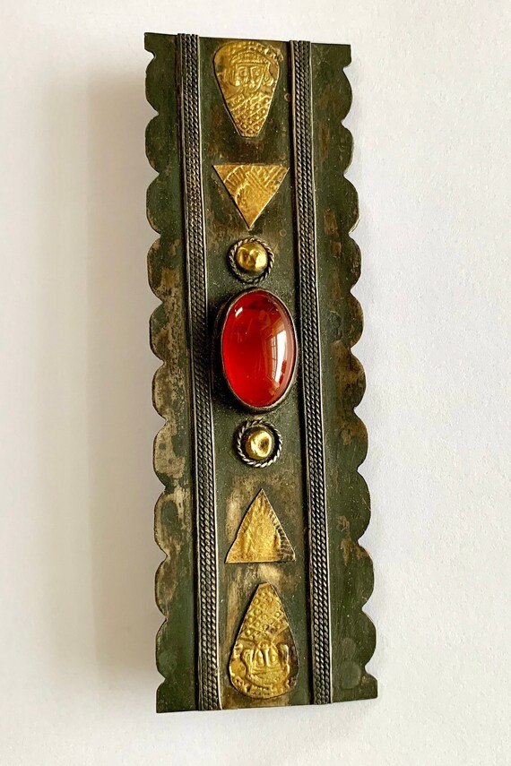 Rectangular brass Middle Eastern pin with scarab-… - image 5