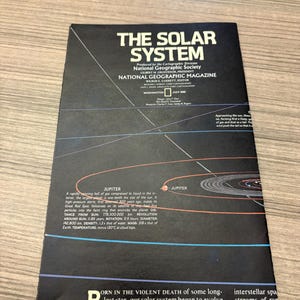 May include: A vintage National Geographic Magazine page titled "The Solar System." The black page features a diagram of the planets with text describing Jupiter's characteristics. Published by the National Geographic Society in July 1981.