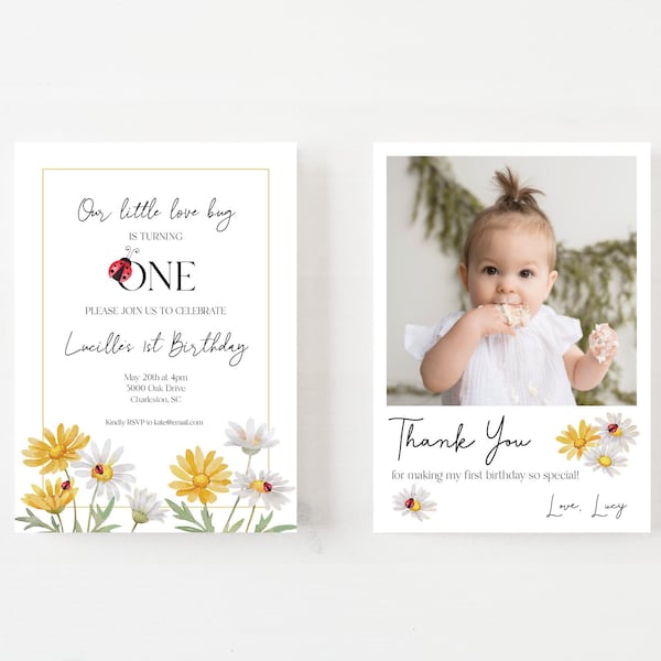 Ladybug First Birthday Party Invitation Set, Our Little Love Bug, Daisies, Printable, DIGITAL DOWNLOAD