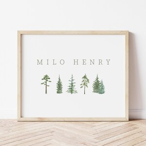 Custom Name Print, Nursery Printable Wall Art, Watercolor Pine Trees, Playroom Decor, DIGITAL DOWNLOAD