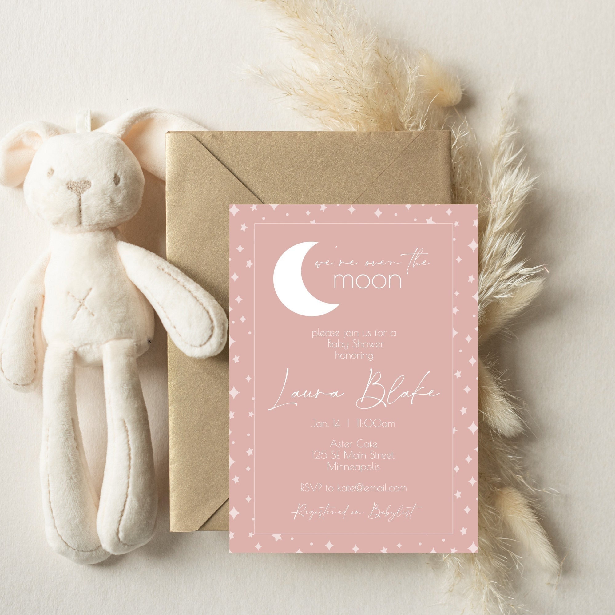 Were Over the Moon Baby Shower Invitation Template Minimalist Moon Theme Editable DIGITAL DOWNLOAD