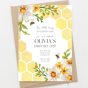 First Bee-Day Birthday Party Invitation, Bees, Flowers, and Honeycomb, Printable, DIGITAL DOWNLOAD