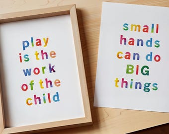 Montessori Printable Set, Play is the Work of the Child, Small Hands Can Do BIG Things, Classroom Wall Art, Kids Art Print, DIGITAL DOWNLOAD