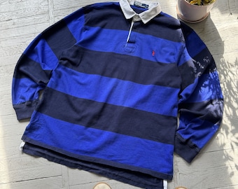 Vintage Polo Ralph Lauren American University Preppy camisa de rugby a rayas azul tamaño L