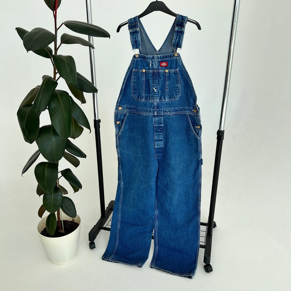 vintage Dickies Light Blue Washed Denim Work Bib Taille globale 32x30 Solid Patern