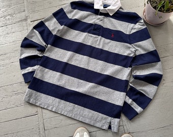 Vintage Polo Ralph Lauren Striped Preppy Casual Rugby Shirt Blue Gray Size M