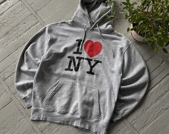 Vintage Unisex 00er I Love NY Y2K Pullover mit Kapuze Sweatshirt in Melange Grau Size M