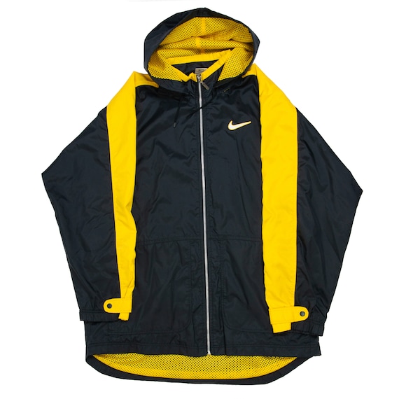 Vintage Nike Big Swoosh Long Jacket XL Black Yello