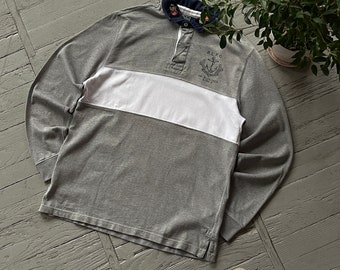Chemise décontractée vintage Polo Ralph Lauren rugby preppy gris blanc taille M