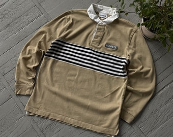 Vintage Unisex Lacoste Striped Preppy Long Sleeved Rugby Shirt Beige Size M