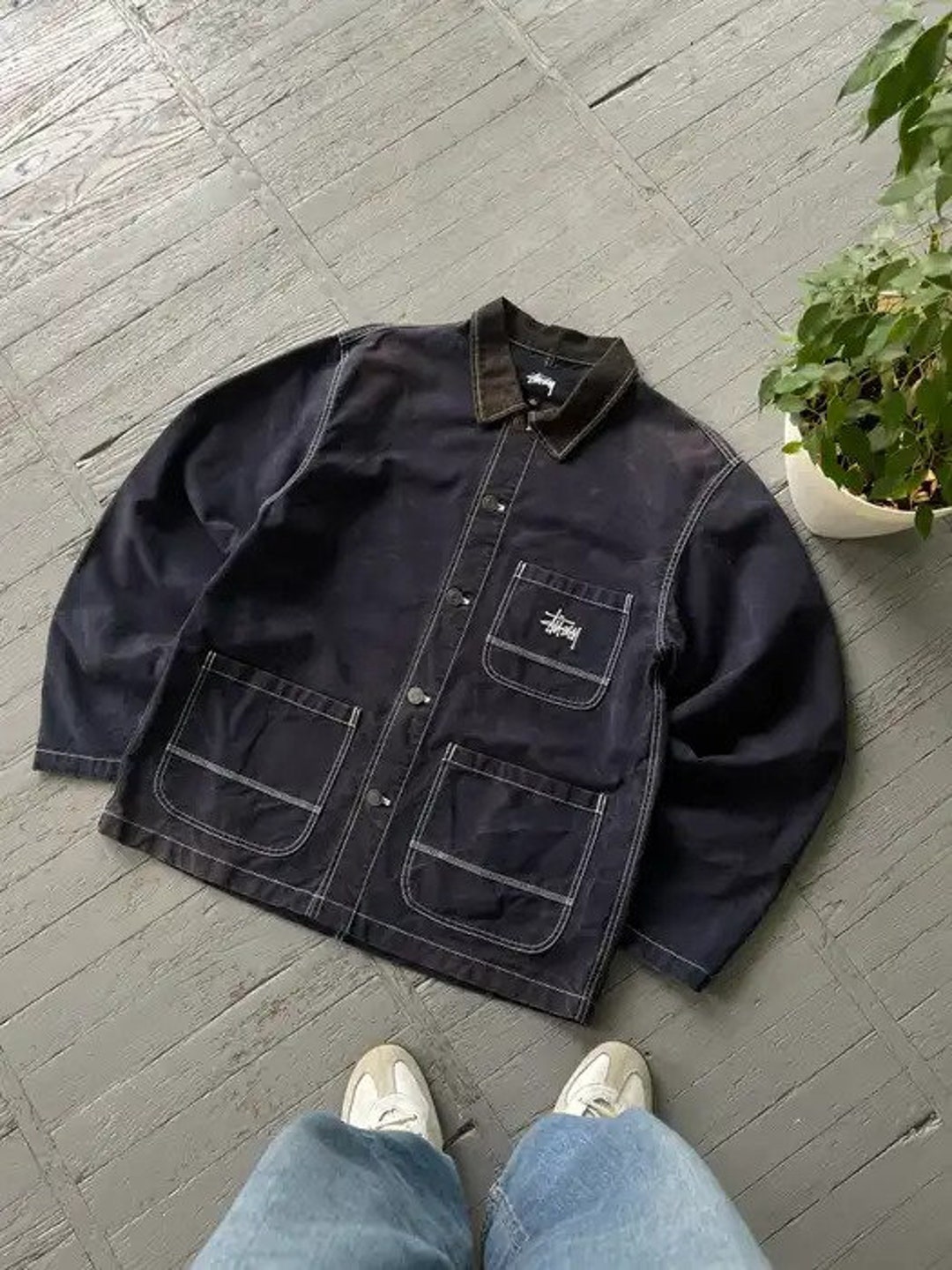 Vintage Stussy Chore Coat Denim Jacket Deep Blue Size X Large
