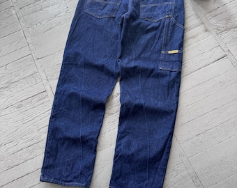 vintage Prison Blues - Jean de travail baggy jambe droite en denim bleu délavé, taille 40 x 34