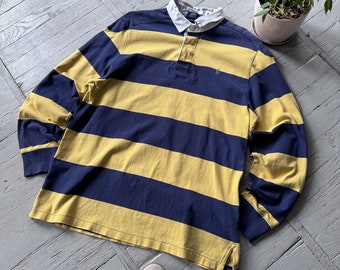 Vintage Polo Ralph Lauren Striped Rugby Preppy Casual Work Shirt Blue Yellow Size L