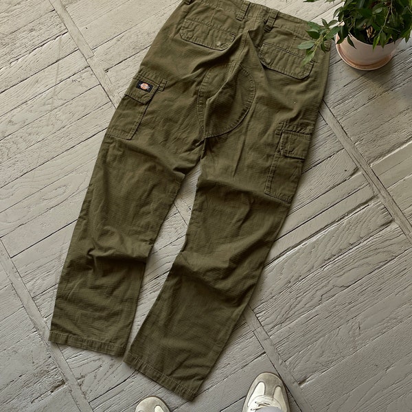 Vintage Unisex Adultos Dickies Cargo Pierna Recta Regular Fit Pantalones de Trabajo Militar Verde Tamaño 28