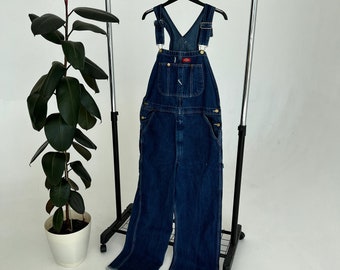 Vintage Dickies Blue Washed Denim Work Bib Overall Size 32x32 Solid Patern