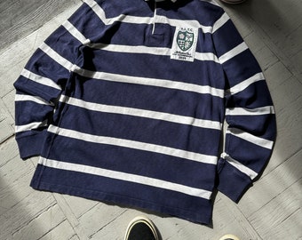 Vintage Polo Ralph Lauren Striped Preppy Logo Team College Rugby Shirt Blue White Size L