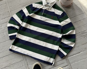 Vintage Polo Ralph Lauren Gestreept Rugby Preppy Casual Shirt Blauw Groen Wit Maat S