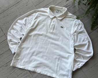 Vintage Lacoste Langarm Preppy Logo Leichtes Poloshirt Weiß Größe L