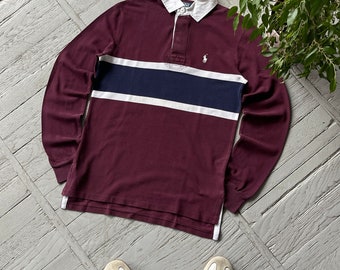 Vintage Polo Ralph Lauren Striped Preppy Rugby Shirt Burgundy Red Blue Size S