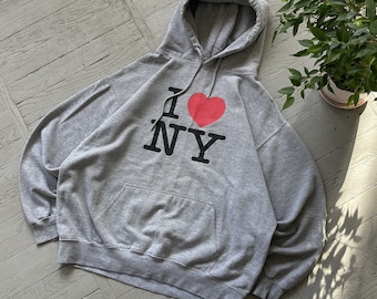 Vintage unisex oversized I Love NY grafische print sweatshirt met capuchon gemêleerd grijs maat XL