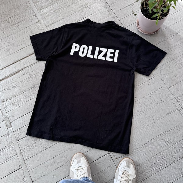 Vintage Polizei Short Sleeve Crew Neck Garphic Print Tee Shirt Black Size M