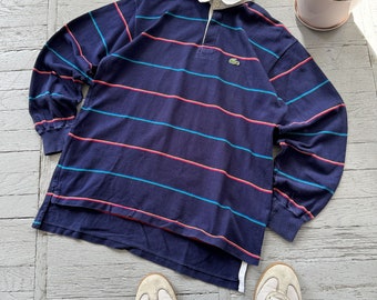 Vintage Lacoste Striped Rugby Preppy Shirt Deep Blue Size L