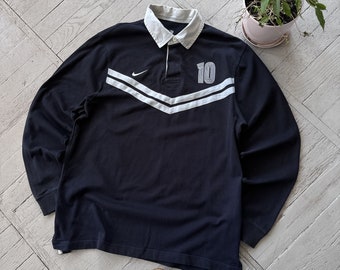 Camicia vintage Nike Swoosh a righe Rugby Preppy a maniche lunghe con logo American University Deep Blue White Taglia XL