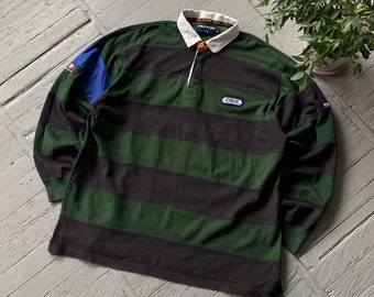 Vintage Unisex Polo Ralph Lauren Preppy Striped Rugby Shirt Black Green Size XL