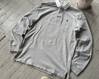 Vintage Polo Ralph Lauren Preppy Casual Camisa de rugby de gran tamaño Melange Gris Tamaño M