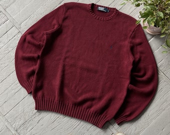 Vintage Polo Ralph Lauren Long Sleeve Heavy Knit Pullover Sweater Burgundy Red Size L