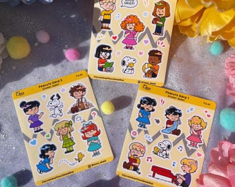Hoja de pegatinas de Peanuts Gang: Charlie Brown, Lucy, Snoopy, Schroeder, Franklin, Peppermint Patty, Woodstock, Pig Pen