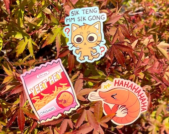 Pegatinas de comida cantonesa: vinilo troquelado brillante - Yeet Hey Shrimp Chips