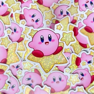Poyo Kirb Glossy Glitter Vinyl Sticker - Die Cut, Sparkle, Shiny, Pink Blob with Stars