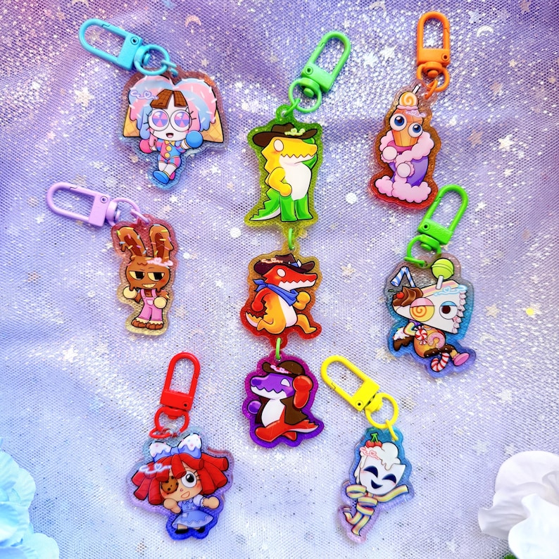 TADC The Amazing Digital Circus Keychains 1.5 inch Colorful Clear Double Sided Acrylic Colorful Clasps Full Set Candy