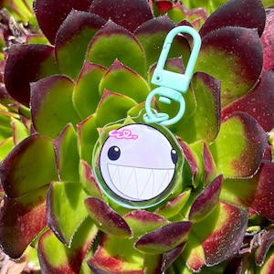 May include: A clear acrylic keychain with a cartoon face design featuring a large grin, white teeth, and a light purple brain. The keychain has a light blue clasp and is set against a background of green and burgundy succulent leaves.