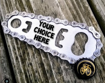 Customizable Bike Bottle Opener w/ Upcycled Bicycle / Stainless Steel Bike Barware Chain / Steel Recycled Chain / Repurposed Steampunk