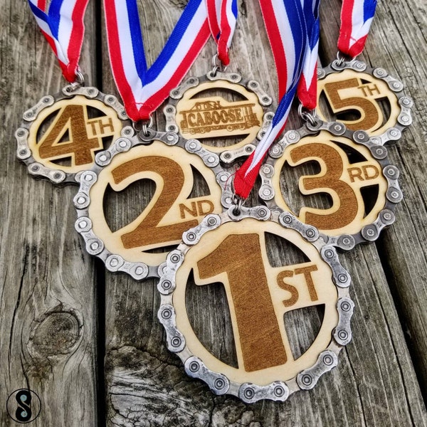 Race Medals w/ Upcycled Bike Chain, Laser Cut Wood, Bicycle Awards, Cyclist 1st place reward, 2nd, 3rd, Last, Caboose Trophy