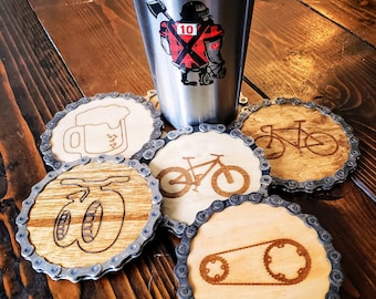 Bicycle Themed Coasters | Laser Engraved Wood w/ Upcycled Bicycle Chain | Many to choose from | USA Made