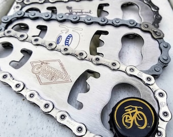 Abrebotellas de ciclista personalizado con cadena reciclada, cadena de barware de bicicleta de acero inoxidable, acero, cadena reciclada, Steampunk reutilizado
