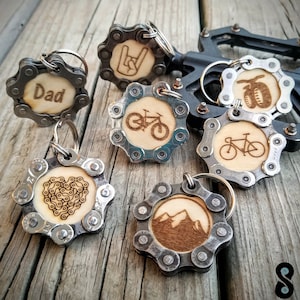 Perfect Gift for Bicyclists | Keychain is Laser Engraved Wood w/ Upcycled Bicycle Chain | Many to choose from | USA Made